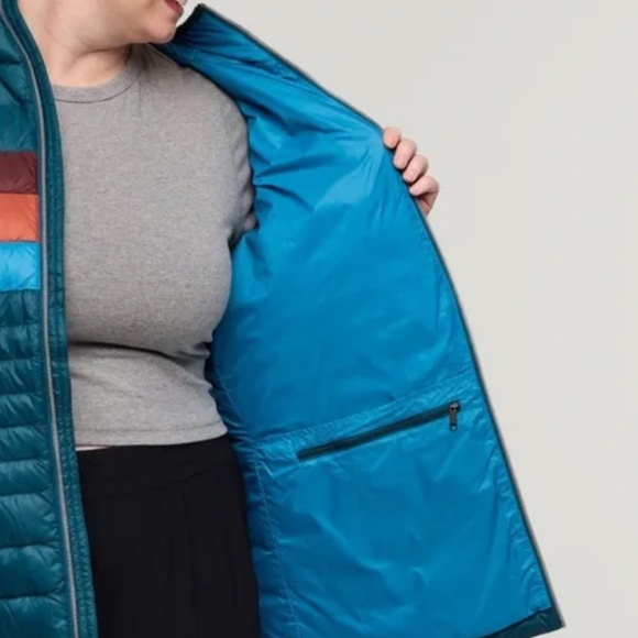 NWT: Cotopaxi Women's Fuego Hooded Down Jacket Green Blue Abyss Stripes - Med - Picture 2 of 7